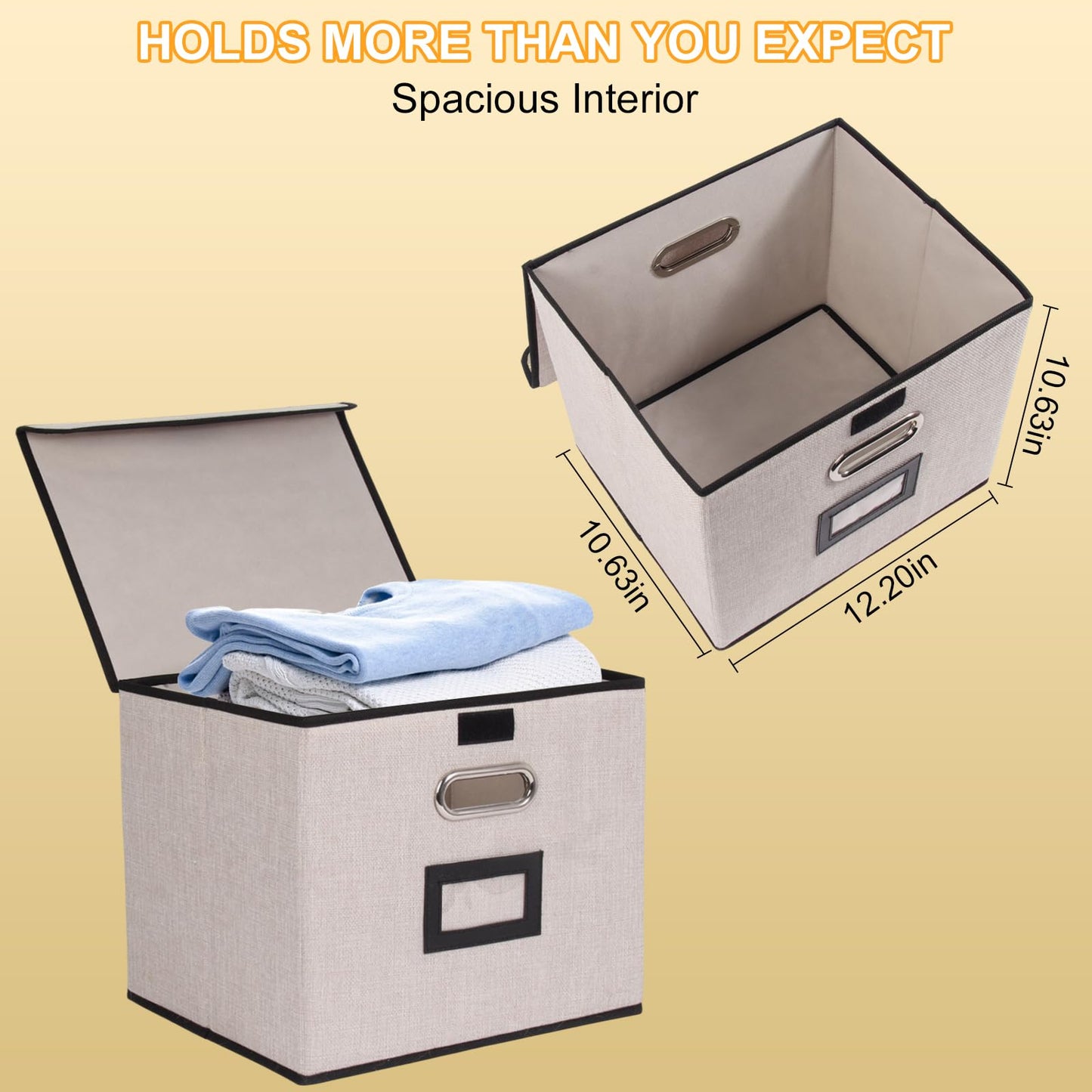 Tcbelosion Large Square Storage Bin with Lid, Foldable Organizer Box with Handles & Label Design, for Office, Closet, Home, Documents, Grey, 12.20 x 10.63 x 10.63 Inches, 1 Pack