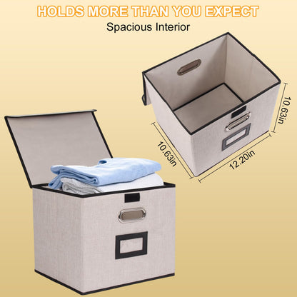 Tcbelosion Large Square Storage Bin with Lid, Foldable Organizer Box with Handles & Label Design, for Office, Closet, Home, Documents, Grey, 12.20 x 10.63 x 10.63 Inches, 1 Pack
