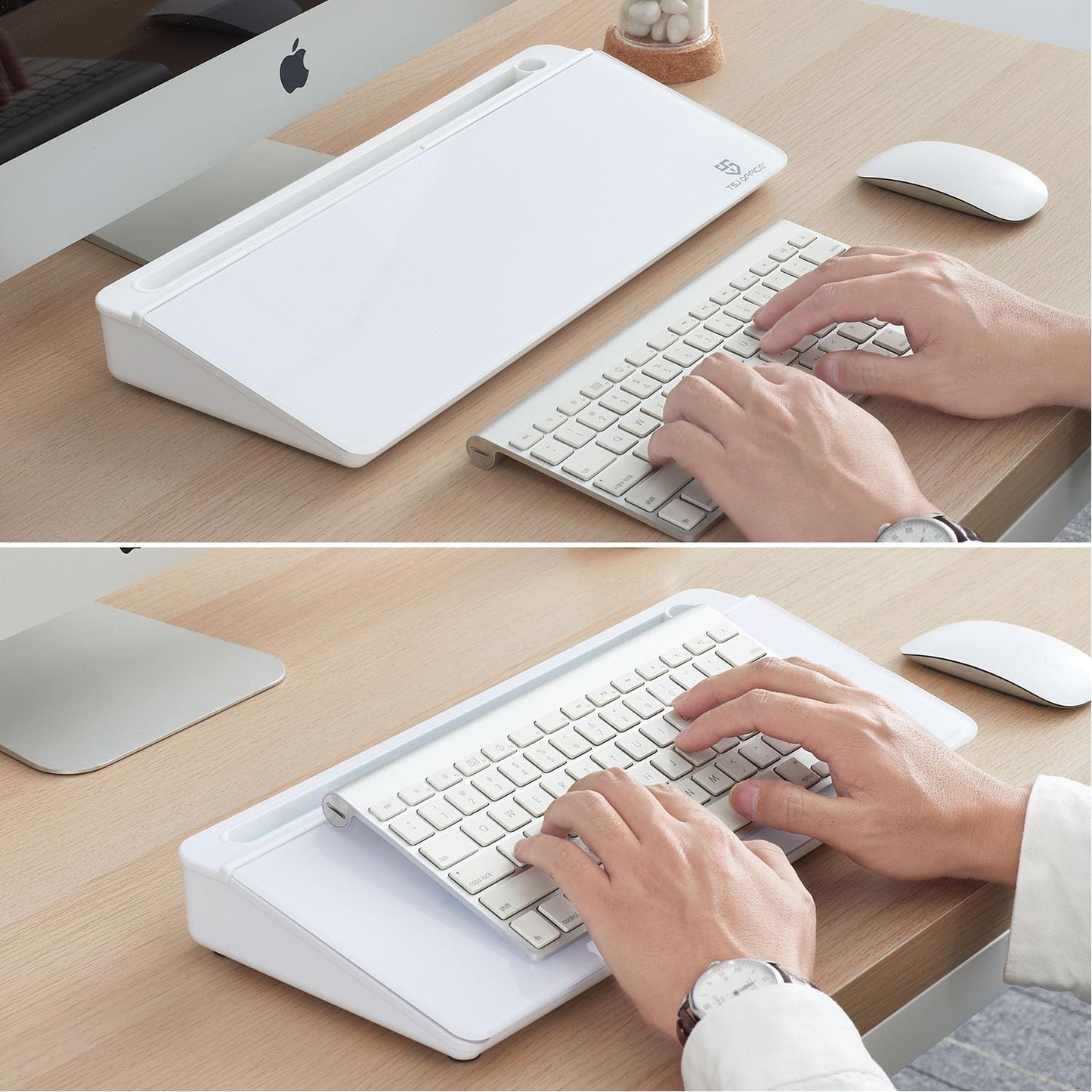 TSJ OFFICE Small Desktop Whiteboard -Glass Dry Erase Board Computer Keyboard Stand White Board Surface Pad with Drawer, Desk Organizers with Accessories for Office, Home, School Supplies - White