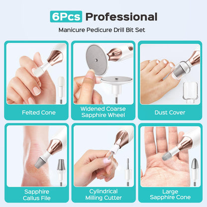 COSLUS Professional Manicure Pedicure Kit, 5-in-1 Electric Nail File for Toenail Hand Feet Care - Wider Grinder for Thick Nails, Cordless, 5 Speed, for Men Women Seniors Home Salon, White, C43(END10)