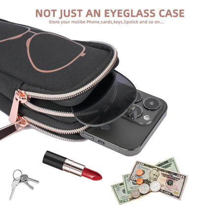 popolov Double Eyeglass Case Soft,Portable Dual Glasses Cases with 2 Compartments Zipper Closure for Men Women Travel
