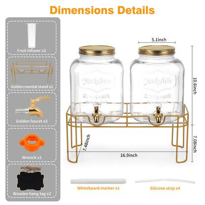 1.6 gallon Glass Beverage Dispenser with Stand, 2PACK Lemonade Dispenser with Spigot Stainless Steel, Drink Dispensers for Parties,Picnic,Weddings(Golden)