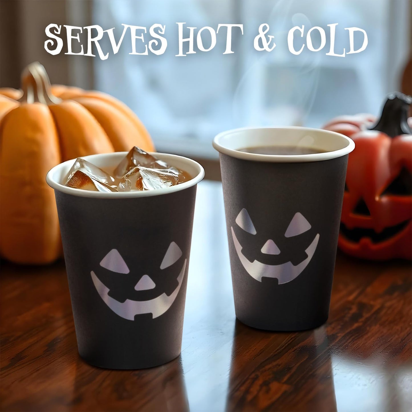 Confettiville Halloween Disposable Paper Party Cups, Bulk 50 Pack, Leak-Resistant, 12 oz Hot and Cold Cups for Restaurants and Parties, Jack-O-Lantern, Black & Silver