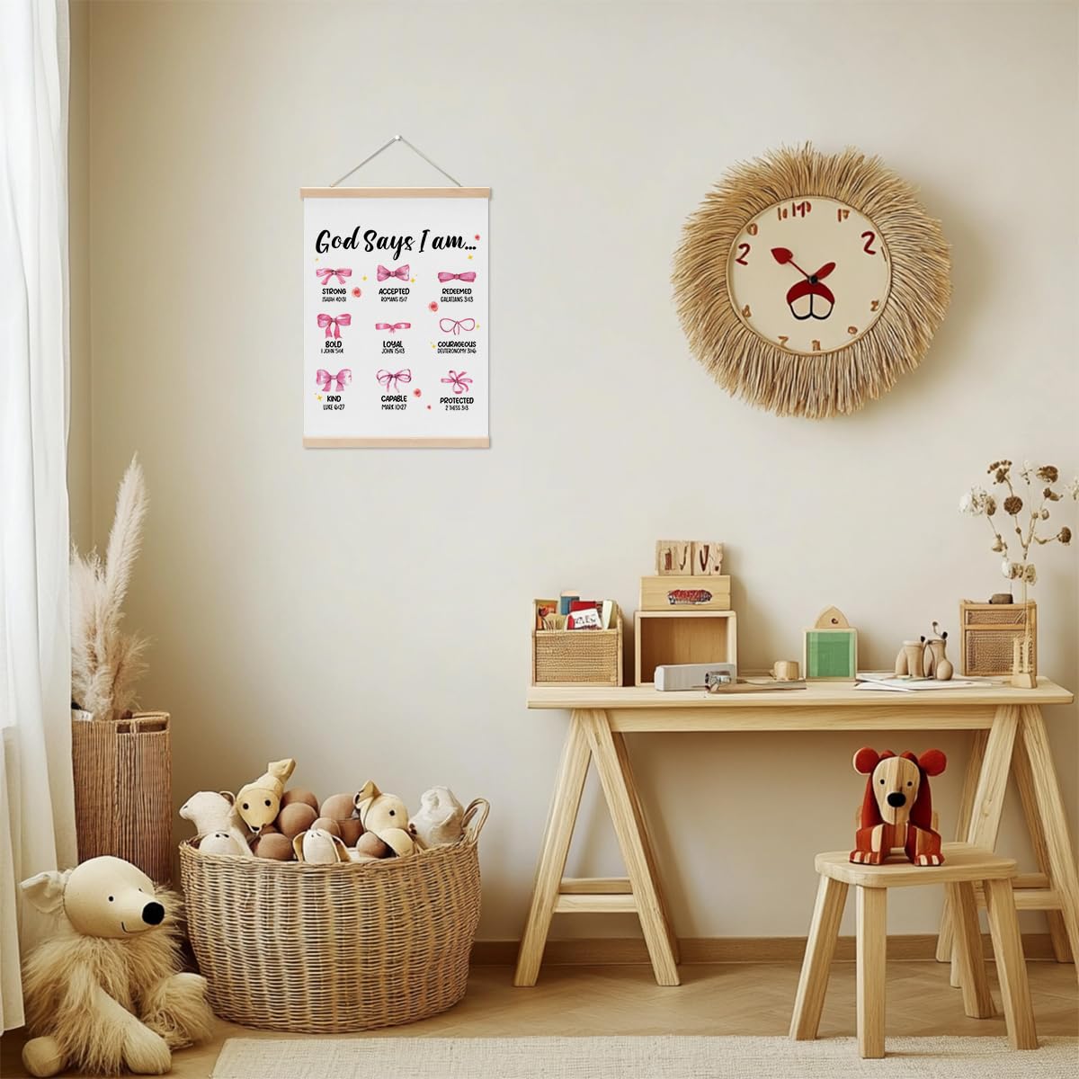 Pink Bow Bathroom Decor Wall Hanging Banner, God Says I Am Bows Wall Decor, Coquette Poster Hanger for Nursery Girls Room Bathroom Bedroom, Christian Bible Verses Poster Hanger Frame