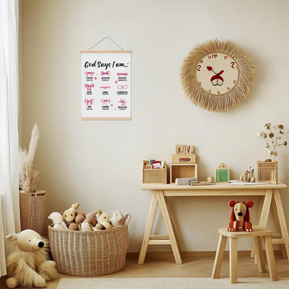 Pink Bow Bathroom Decor Wall Hanging Banner, God Says I Am Bows Wall Decor, Coquette Poster Hanger for Nursery Girls Room Bathroom Bedroom, Christian Bible Verses Poster Hanger Frame
