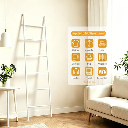 6-Tier Blanket Ladder 68 Inch Wall-Leaning Towel Rack for Living Room and Bedroom, Easy Assembly - White