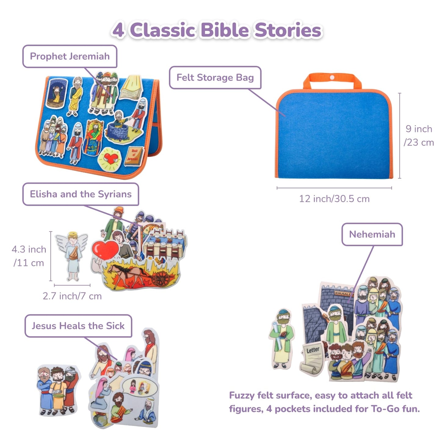 CHEFAN 4 Pack Felt Board Bible Stories Set, Flannel Board Stories,Precut Christian Flannel Graph Bible Toys for Kids, Include Prophet Jeremiah, Elisha and The Syrians, Nehemiah, Jesus Heals The Sick