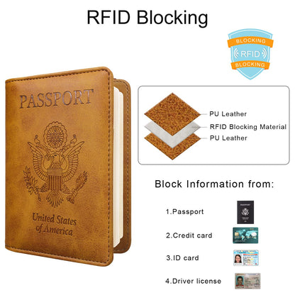 WALNEW Passport Holder for Travel, RFID Passport Cover Wallet for Women Men, PU Leather Passport Book Card Holder Case with Pen (Elastic Band Closure, AA-Brown+Rosegold)