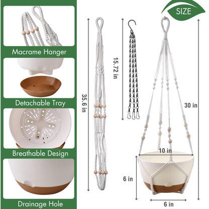 10 Inch Hanging Planters for Indoor Plants,Set of 2 Hanging Pots for Plants with Self-Watering, Outdoor Hanging Plant Pot with Drainage and 2 Kinds of Baskets Hangers for Home Decor and Garden