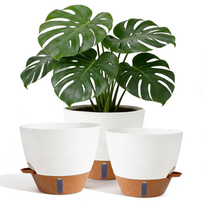 Nuotuv 8/9/10 Inch Large Self Watering Pots, Plastic Flower Pots with Multi Mesh Drainage Holes and Water Level Indicator & Deep Reservoir for Indoor Outdoor Garden Plants and Flowers (White)