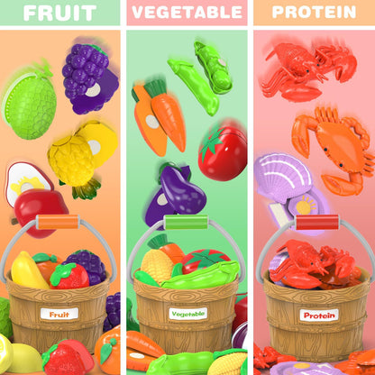 Cutting Play Food Toys for Kids, Pretend Play Kitchen Accessories, Cutting Food Sorting Toy, Fake Fruits/Vegetables Set with Shopping Storage Basket, Plastic Board and Knife, Birthday Gift