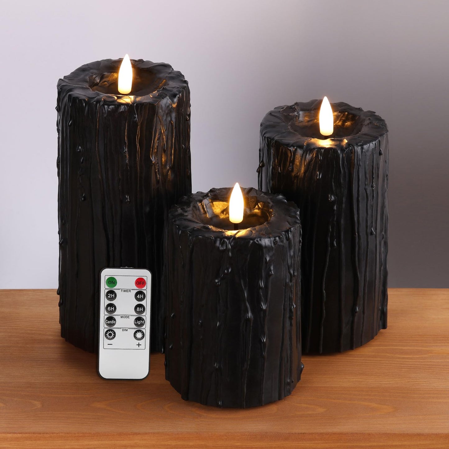 Eywamage Black Dripping Wax Flameless Pillar Candles with Remote, Flickering Halloween Battery LED Candles Set of 3