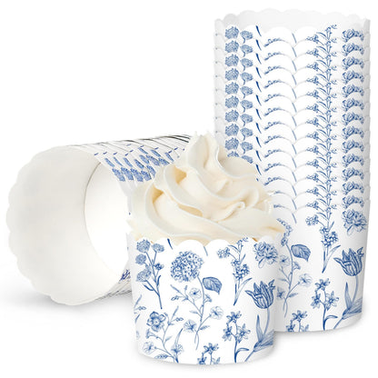 JarThenaAMCS 100Pcs Blue Floral Paper Baking Cups Blue White Wildflower Cupcake Wrappers Scalloped Edge Cupcake Muffin Cases for Spring Summer Party Supplies