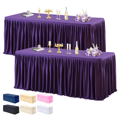 PARTISKY 2 Pack Purple Tablecloths for Rectangle Tables 6ft, Wrinkle Resistant Spandex Table Cover Fitted Stretch Table Cloth with Pleated Ruffle Skirts for Party Banquet Dining Birthday Wedding