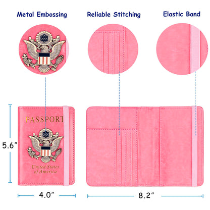 TOURSUIT RFID Blocking Passport Holder for Women Men, Leather Passport Travel Wallet with 3D Metal Badge, Travel Document Holder Cover Accessories (Pink)