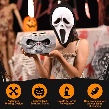 Halloween Candy Bowl, Animated Halloween Skull Pumpkin Bowl, Automatic Sensor/Button Press Scary Candy Dish with Creepy Moving Skeleton Hand and Scream for Trick or Treat to Kids(Skeleton Style)
