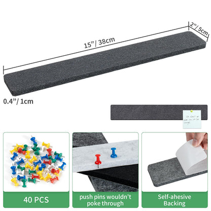 GoTiling Cork Board for Walls - 8 Pack Felt Pin Board Bar Strips - Self-Adhesive Lightweight Bulletin Board - Cork Board for Office with 40 Push Pins No Damage for Wall (Dark Grey)