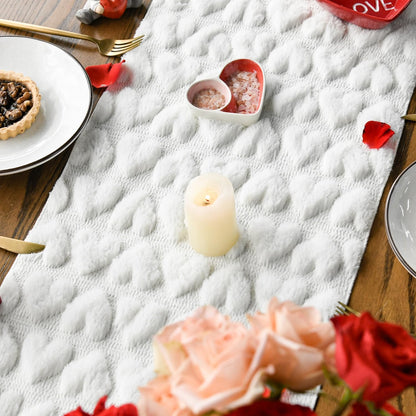 Artoid Mode White Soft Plush Faux Fur Jacquard Heart Valentine's Day Table Runner, Seasonal Kitchen Dining Table Decoration for Home Party Decor 13x72 Inch