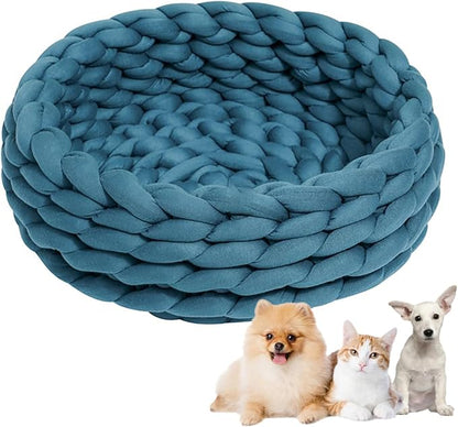Woven Dog Bed Basket, Knitted Cotton Cat Bed Round Washable Woven Cat Pet Bed Chunky Dog Basket, Orthopedic, Chunky Knit Dog Nest,Dog Bed,Dog Cave,Dog Bedding(Blue,23")