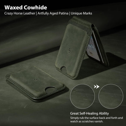Belemay Strong Magnetic Wallet for MagSafe with Adjustable Stand, Crazy Horse Leather Card Holder, Up to 5 Cards, RFID Blocking, Slim for iPhone 17/16/15/14/13/12 Series Men & Women - Pine Green