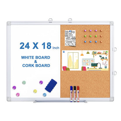 Magnetic White Board and Cork Board Combo, 24 X 18 inches Whiteboard Bulletin Combination Board, Wall Mounted Dry Erase Message Board for Home, School and Office