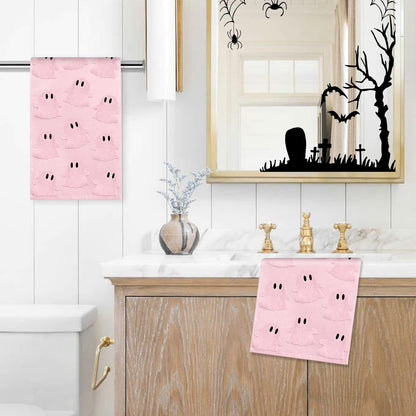 Whaline 2Pcs Halloween Hand Towel Pink 3D Ghost Jacquard Cotton Towel Absorbent Dish Towels for Kitchen Bathroom Drying Cleaning Cooking, 13.8 x 29.5 Inch