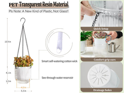 Melphoe 2 Pack Self Watering Hanging Planters Indoor Flower Pots, 5.3 Inch Outdoor Hanging Basket, Plant Hanger with 3Hooks Drainage Holes for Garden Home (White)