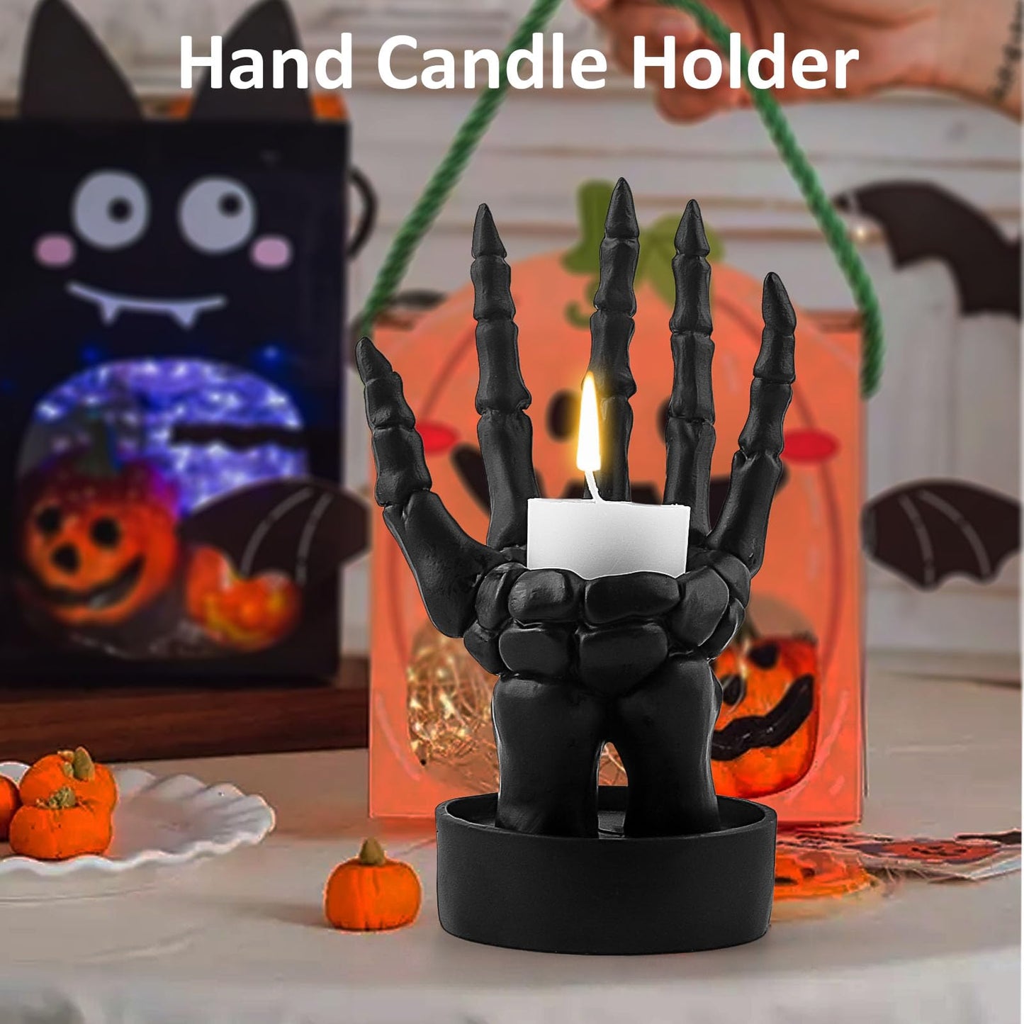 Halloween Decorations Indoor Skeleton Hand Ring Holder Tealight Candle Holder for Gothic Table Decor Jewelry and Earring Organizer Left