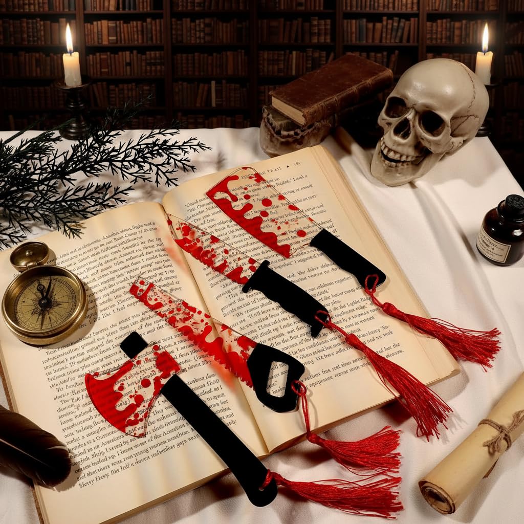 Horror Movie Knife Acrylic Bookmark, Gothic Character Dagger with Tassel,Book Lover Book Mark Halloween Gift (6PC Red Knife)