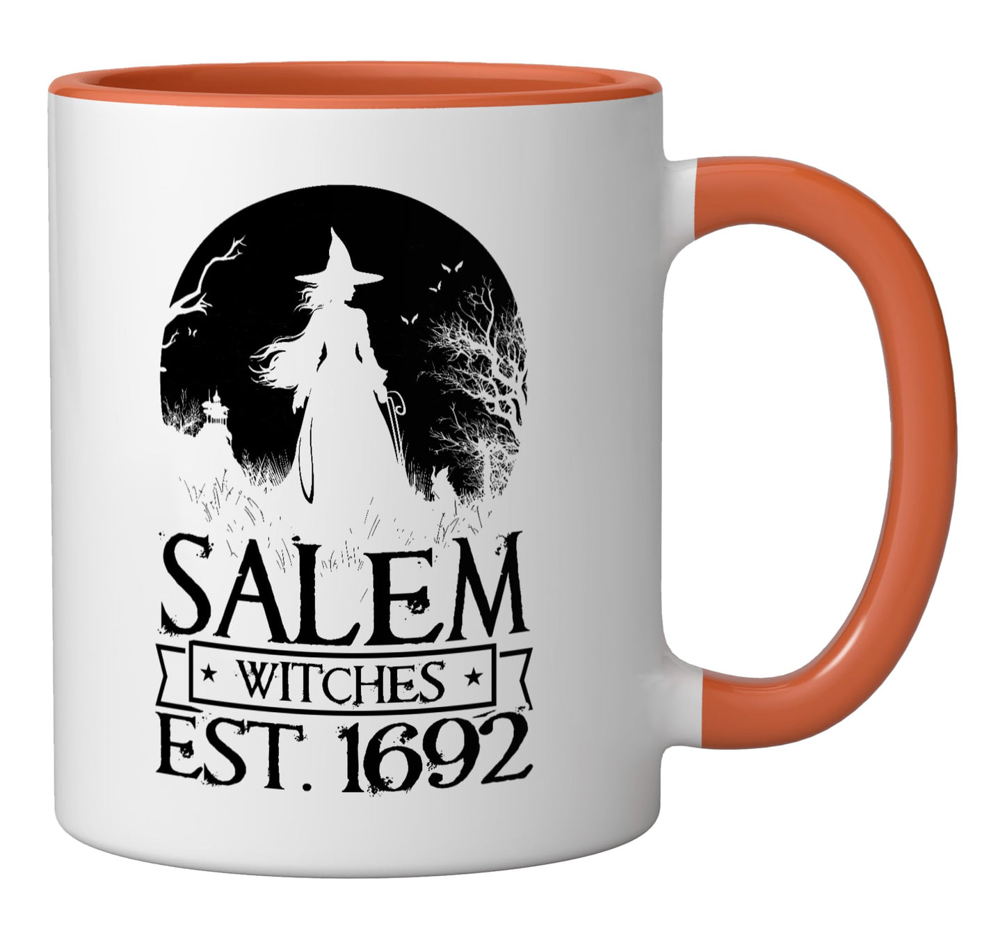 Salem Witch Halloween 1692 Witches Broom Witchy Witchraft Ceramic Mug, Orange/White