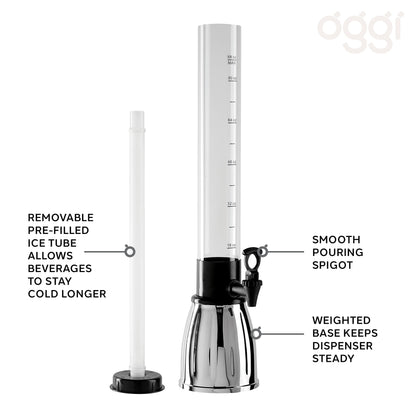 OGGI Beer Tower 88oz - Beverage Dispenser with Spigot & Ice Tube, Margarita Tower, Mimosa Tower, Perfect Drink Dispensers for Parties, Drink Tower, Holds 6 Pints of Beer – Stainless