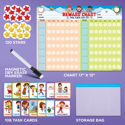 Chore Chart for Multiple Kids, Behavior Incentive for at Home, Dry Erase, and Magnetic Board for 2 Kids, Includes 54 Task Cards