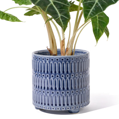 STHIE 5 Inch Ceramic Planters for Indoor Plants, Blue Cactus Snake Plant Pots with Drainage, Unique Design Round Flower Pot for Home Decoration