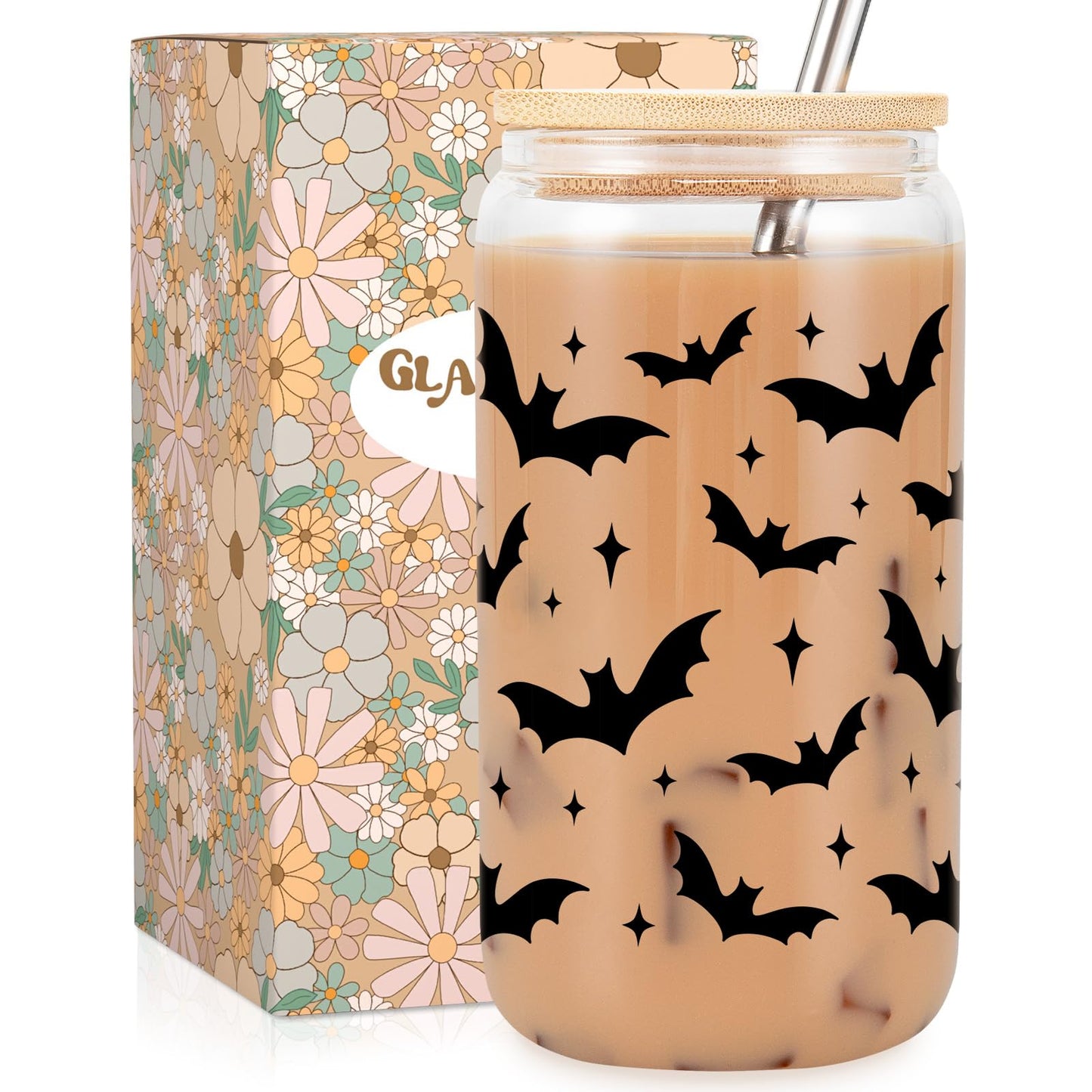 Fairy's Gift Halloween Bats Cup, Halloween Spooky Gifts, Bat Lovers Gothic Glass Cup, Cute 16 oz Iced Coffee Glass Tumbler, Boo Basket Stuffers, Goth Girl Party Stuff, Gothic Spooky Gifts for Women