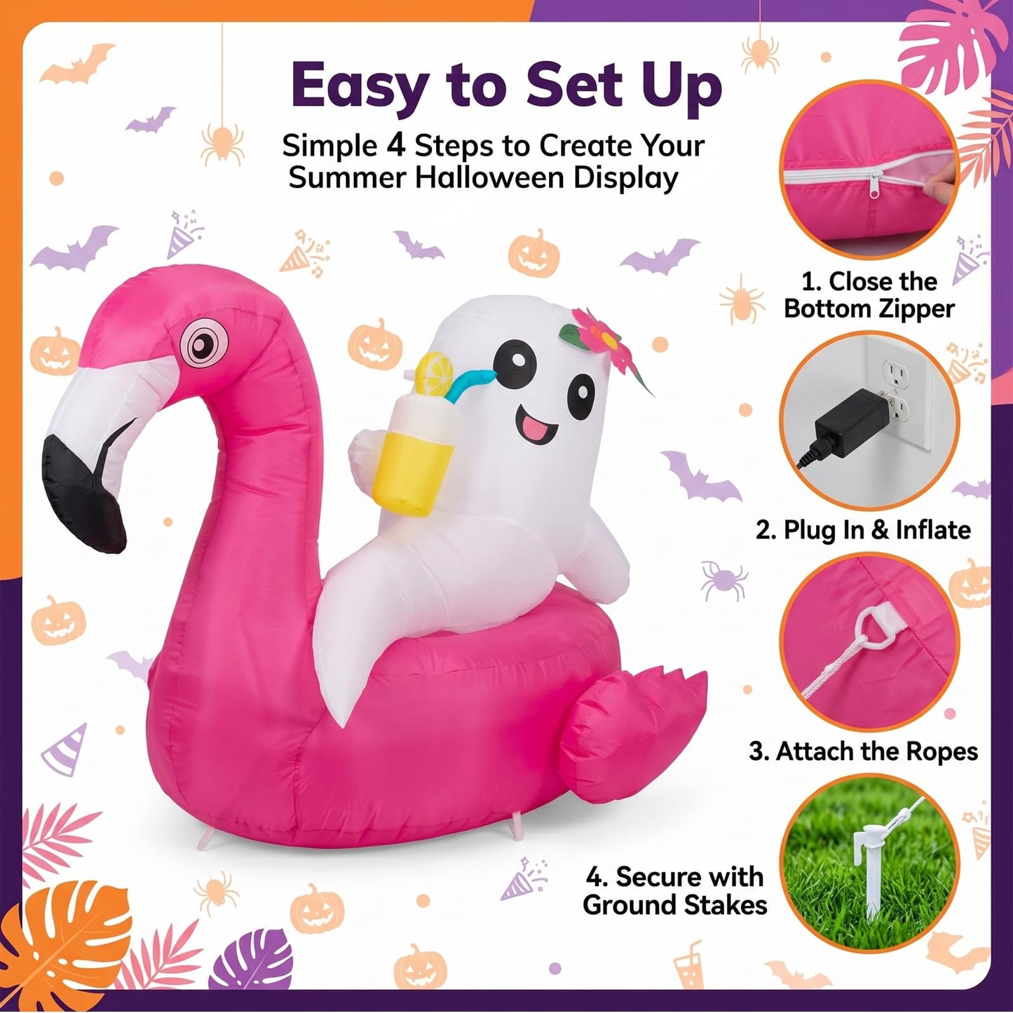 4FT Summerween Decorations Inflatable Ghost on Flamingo Float, Halloween Outdoor Inflatable Decor with Tropical Drink and LED Lights for Yard Lawn Garden Home, Summerween Party Decorations