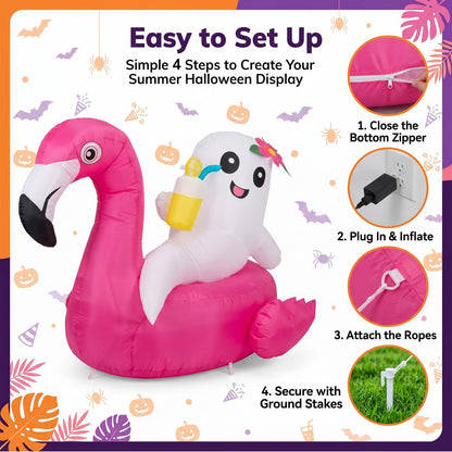 4FT Summerween Decorations Inflatable Ghost on Flamingo Float, Halloween Outdoor Inflatable Decor with Tropical Drink and LED Lights for Yard Lawn Garden Home, Summerween Party Decorations