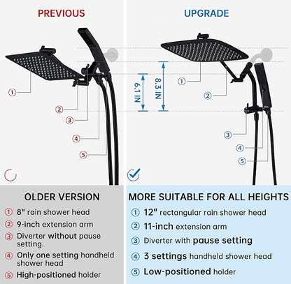 G-Promise All Metal 12 Inch Rain Shower Head with Massage Mode Handheld Spray Combo, 3-Way Diverter with Pause Setting, Full Body Coverage, Modern Bathroom Upgrade (Matte Black)
