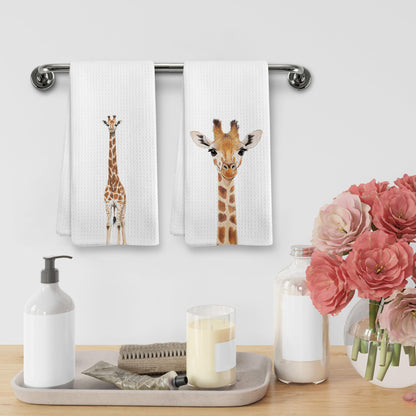 XNXLDYLH Funny Giraffe Kitchen Towels and Dishcloths Sets of 2, Giraffe Decor Gifts for Women, Woodsy Rustic Cabin Safari Jungle Nursery Home Decor Dish Hand Tea Towels for Bathroom Kitchen,16x24In