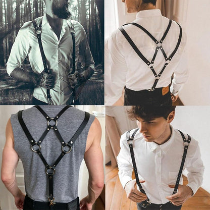 Mens Black Leather Armors Suspenders Shoulder Strap Body Chest Harness Chain Belt Adjustable Gay Punk Clubwear Costume