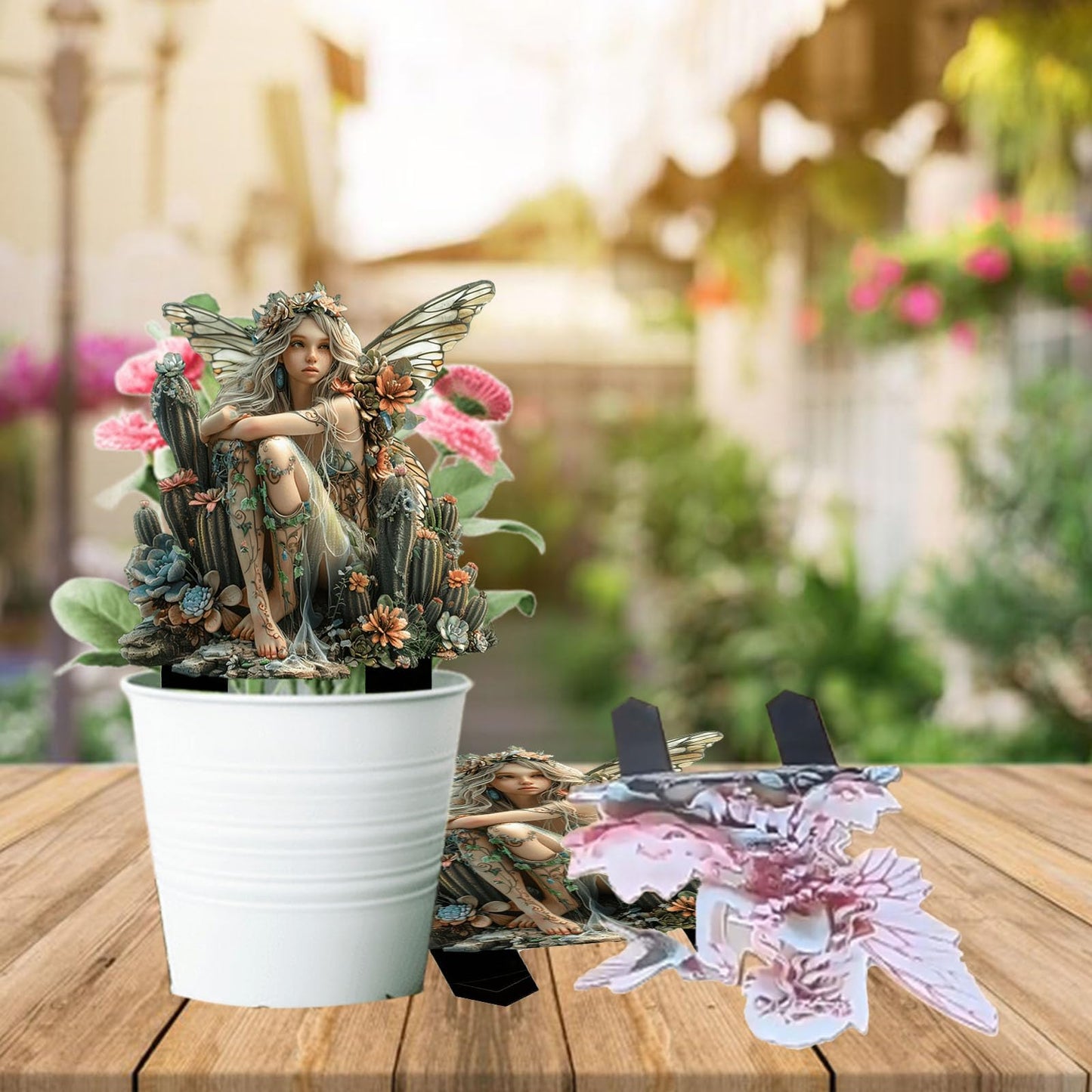 ANNUOZE Fairy Garden Stake Decor, 2D Flat Acrylic Fairy Garden Decor Panel, Elf Yard Sign for Outdoor Indoor Yard Lawn Plants Pots, Fairy Garden Accessories (Cactus Fairy)