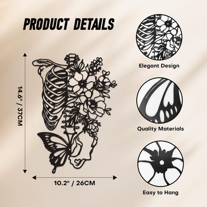 Rajukit Skull Wall Decor & Metal Butterfly Art - Gothic Skeleton Decor with Flowers, Eclectic Wall Sculpture for Bedroom & Outdoor Gothic Decor, Halloween Gifts