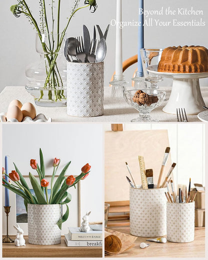 LE TAUCI Kitchen Utensil Holder for Countertop - 7.1"+5.4" Ceramic Utensil Crock Set of 2, Large Cooking Utensil Organizer for Spatula, Spoon, Whisk - Farmhouse Storage, Embossed, Clover