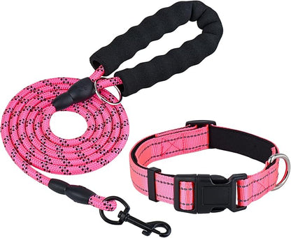 Dog Leash and Collar Set – 6 FT Strong Rope Leash with Padded Handle & Adjustable Nylon Collar Reflective for Small Medium Large Dogs (Pink, L)