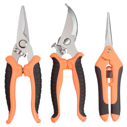 Pruning Shears Gardening Scissors Tools: 3pcs Outdoors&Indoor Garden Clippers, Rose Snips, Plant Clippers, Wood Pruner, Gardener Work Accessories for Flower Arrangement, Yard Landscaping (Orange)
