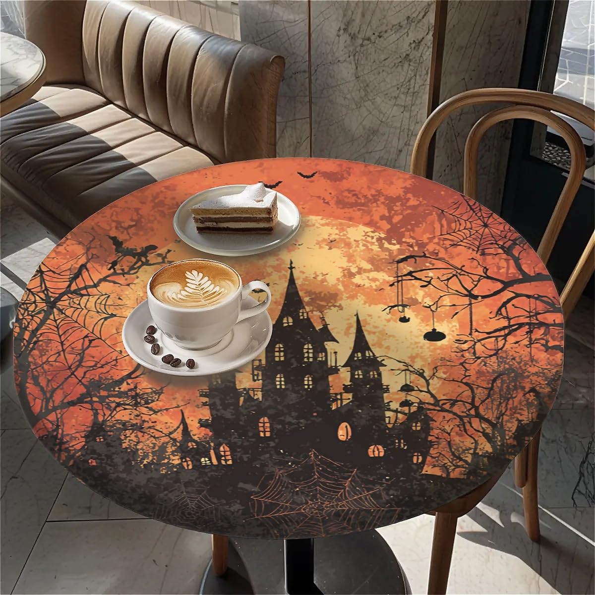 COTAIL Round Fitted Tablecloth with Elastic Edge Design Table Cover Waterproof Table Cloth Stain-Resistant for 32"-36" Round Table for Dining, Picnic, Party, Decor, Outdoor, Halloween