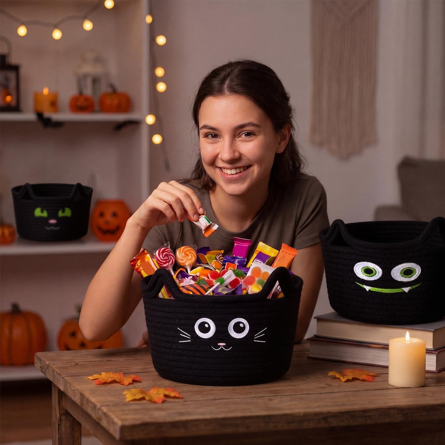 Yungyan 3 Pcs Black Cat Baskets, Woven Cotton Rope Cat Storage Bin Organizer, Trick or Treat Candy Bowls, Boo Gift Basket, Halloween Party Supplies for Laundry, Baby, Towels, Blankets, Animal