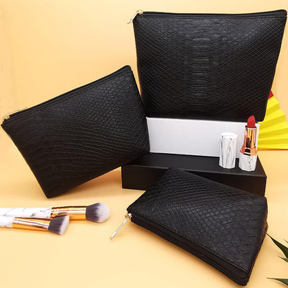 lllyan 3 Pcs Makeup Bag Set for Women Black Soft Leather Travel Cosmetic Bag Make Up Pouch Small Travel Zipper Pouch,Water-resistant Makeup Organizer Bag for Women（Black）