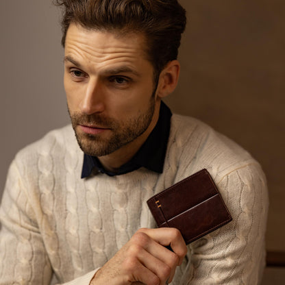 Time Resistance Leather Wallet – Italian Handmade Minimalist Design Wallet - Billfold Credit Card and Cash Holder (Brown)