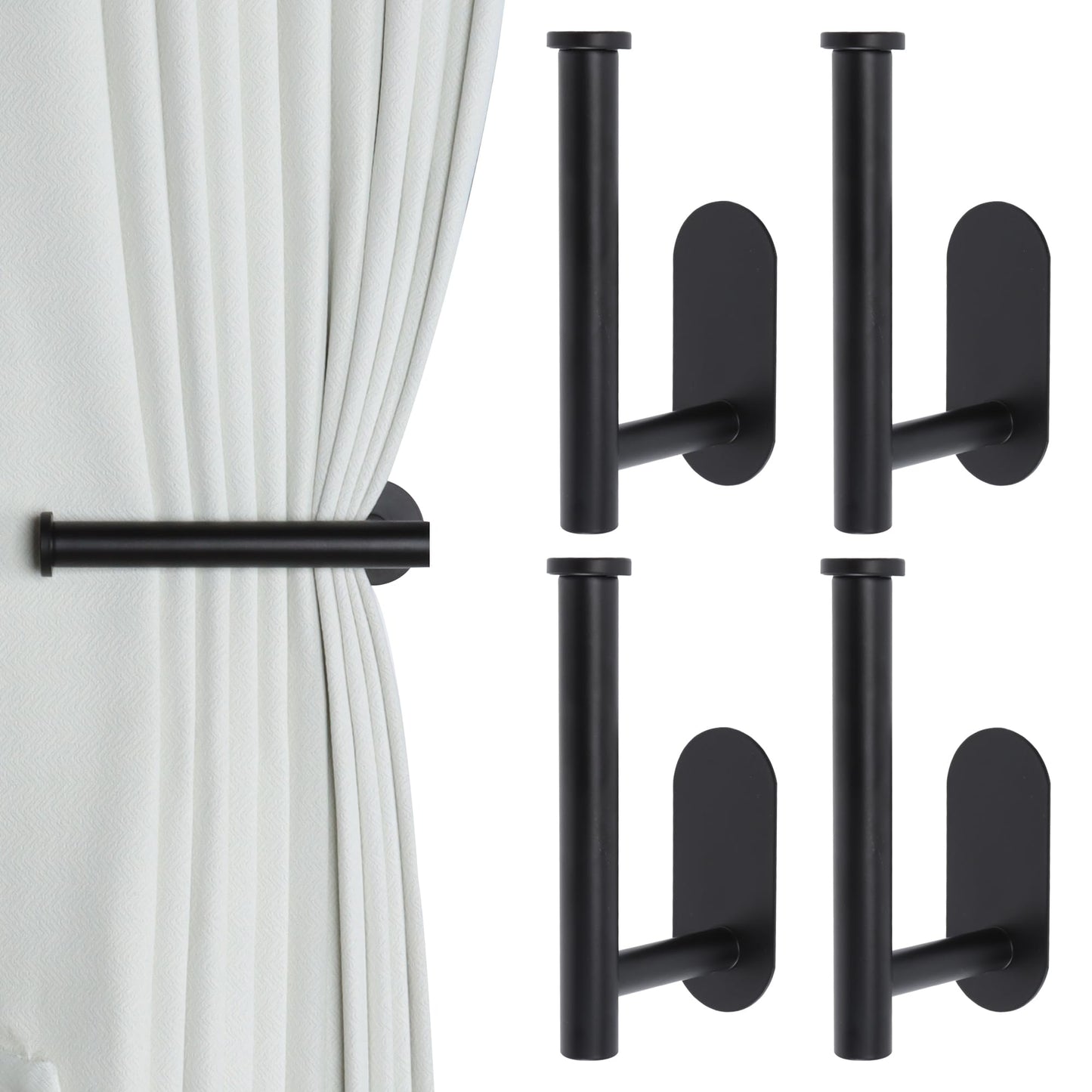 Groleca Adhesive Curtain Holdbacks - 4 Pack No Drill Tie Backs Hooks for Drapes, Damage-Free Wall Mounted Curtain Holders with Strong Adhesive (Black)