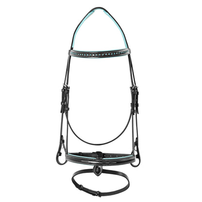 ExionPro Anatomical English Horse Bridle with Blue Crystal Bling Browband- Baby Blue Padded Jumping Bridle with Flash Noseband & Rubber Reins- Comfort Crown - Black or Havana Brown - Full